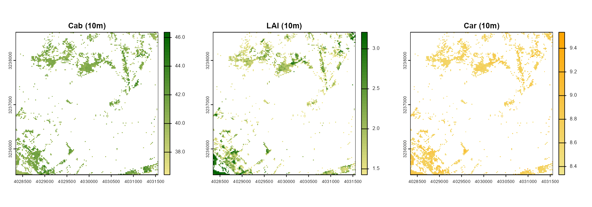 Cab, LAI and Car trait maps at 10m resolution over a FLEX elementary sampling unit